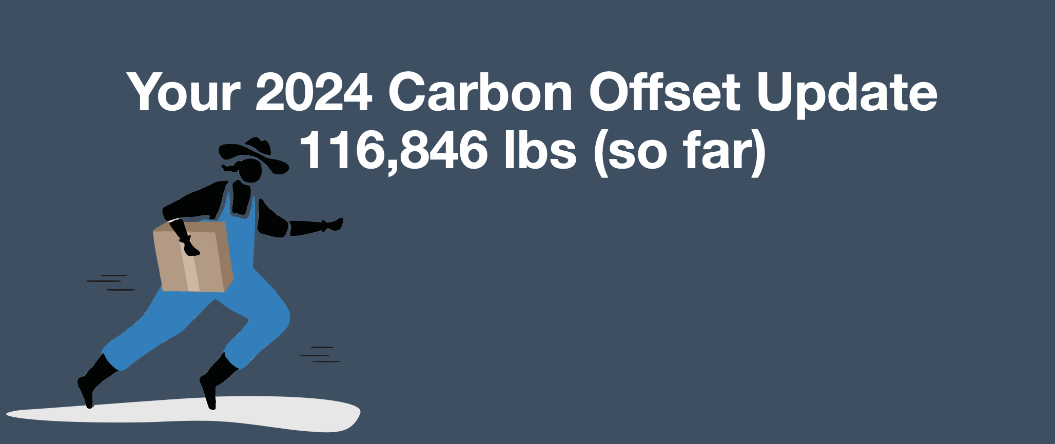 The American Olive Farmer rushes along the bottom of this graphic with a package under her arm, and the headline reads, "Your 2024 Carbon Offset Update 116,846 lbs (so far)