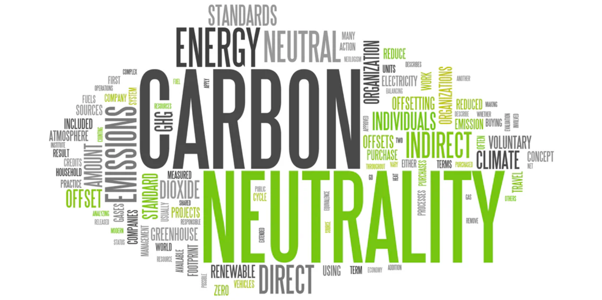 This is a detailed word cloud with the giant words CARBON NEUTRALITY in the center and surrounded in a significant number of related words and phrases written both horizontally and vertical to roughly form the shape of a long oval.