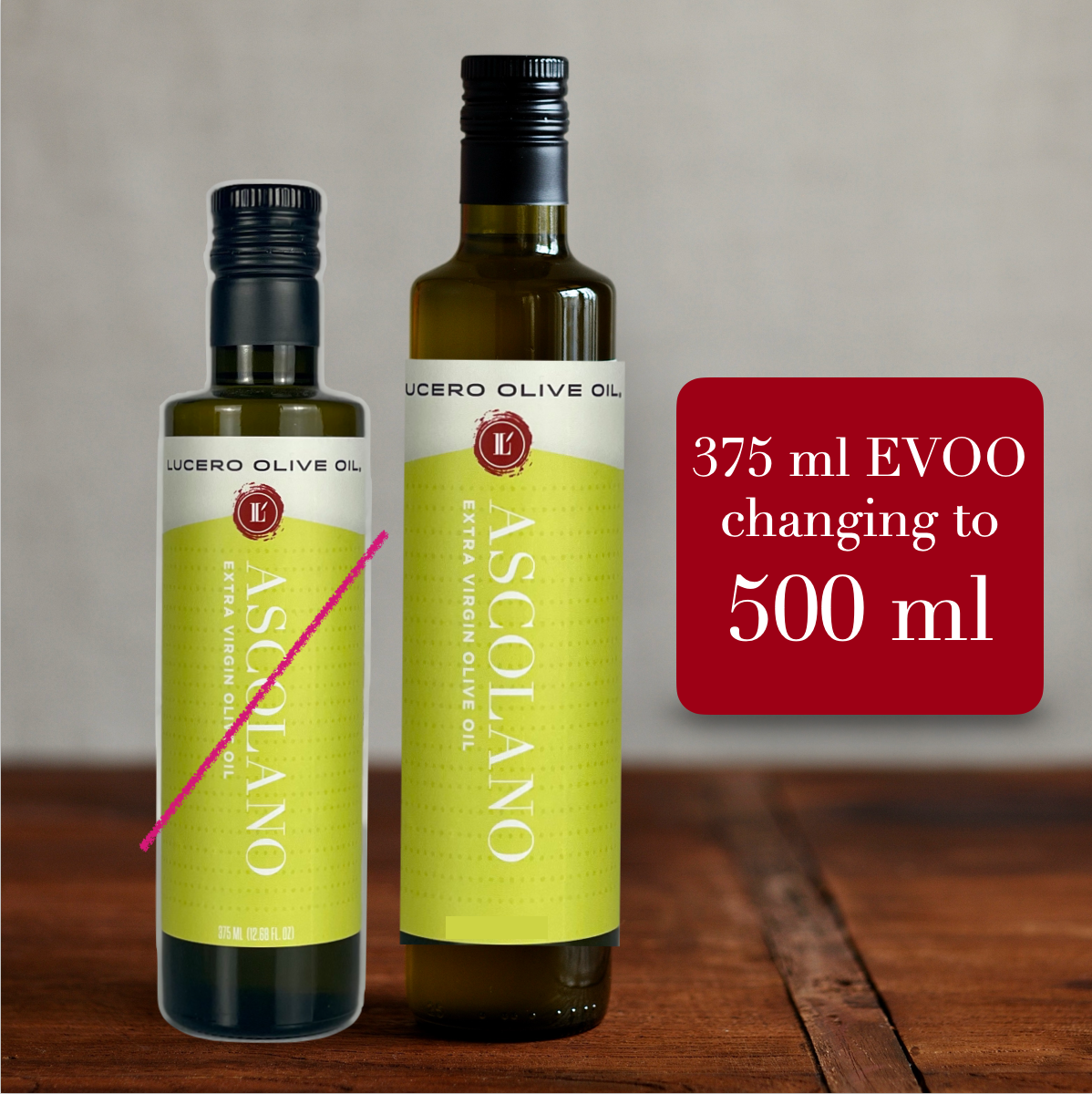 A standard 375 ml bottle of Ascolano is crossed out next to a 500 ml bottle with a placard that declares the size is changing