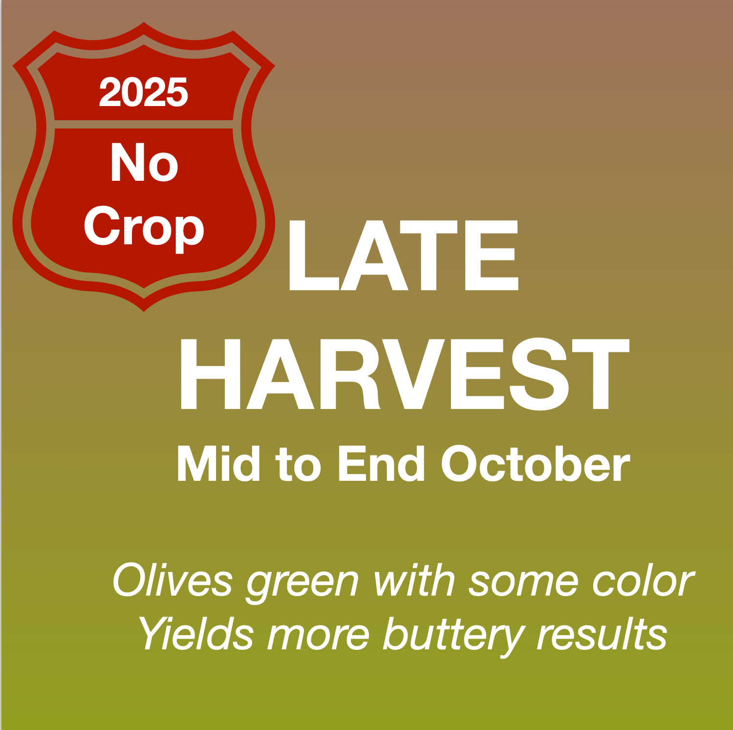 Sign indicating 'No Crop' for 2025 with harvest information on a green background