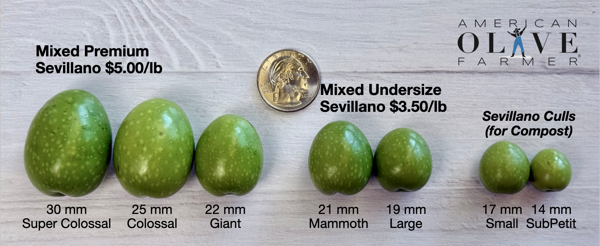 Green olives with size labels and pricing on a wooden surface, featuring 'American Olive Farmer' branding.