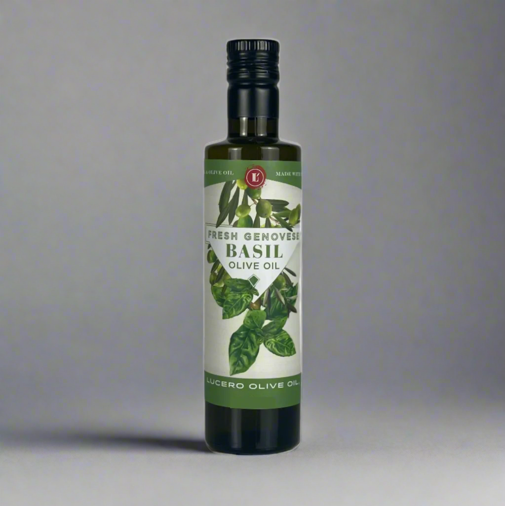 A single bottle of Lucero Basil Olive Oil on a plain background