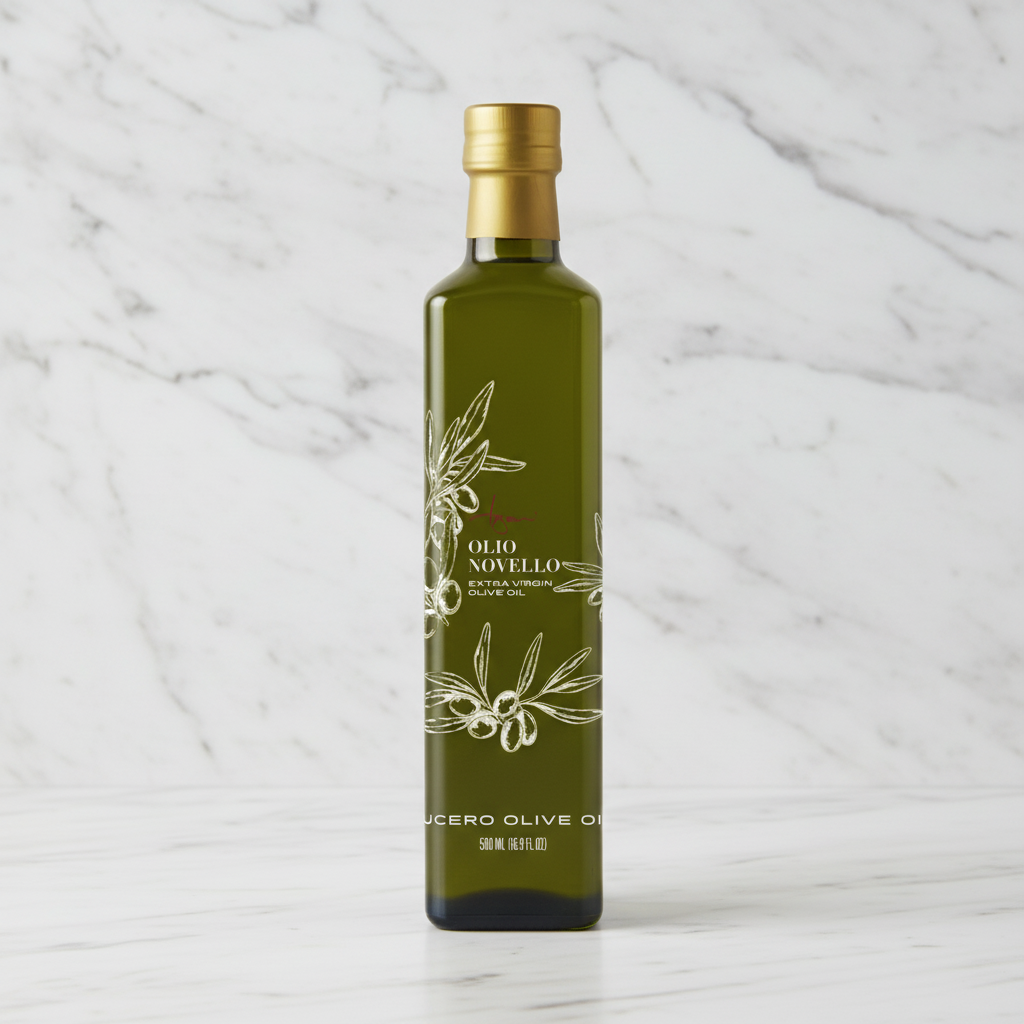 AI Generated approximation of the 2025 Lucero Olio Novello bottle based on a 2D drawing. A single bottle is shown on a light marble background.