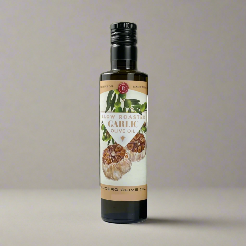 A single bottle of Lucero Roasted Garlic Oil is shown on a plain background
