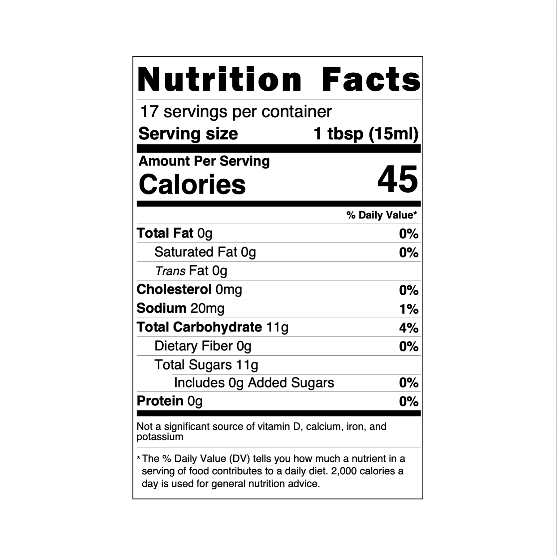 This is an image of the US Nutrition Facts Panel for a 250 ml size bottle of Tagami Flavored Balsamic VInegar
