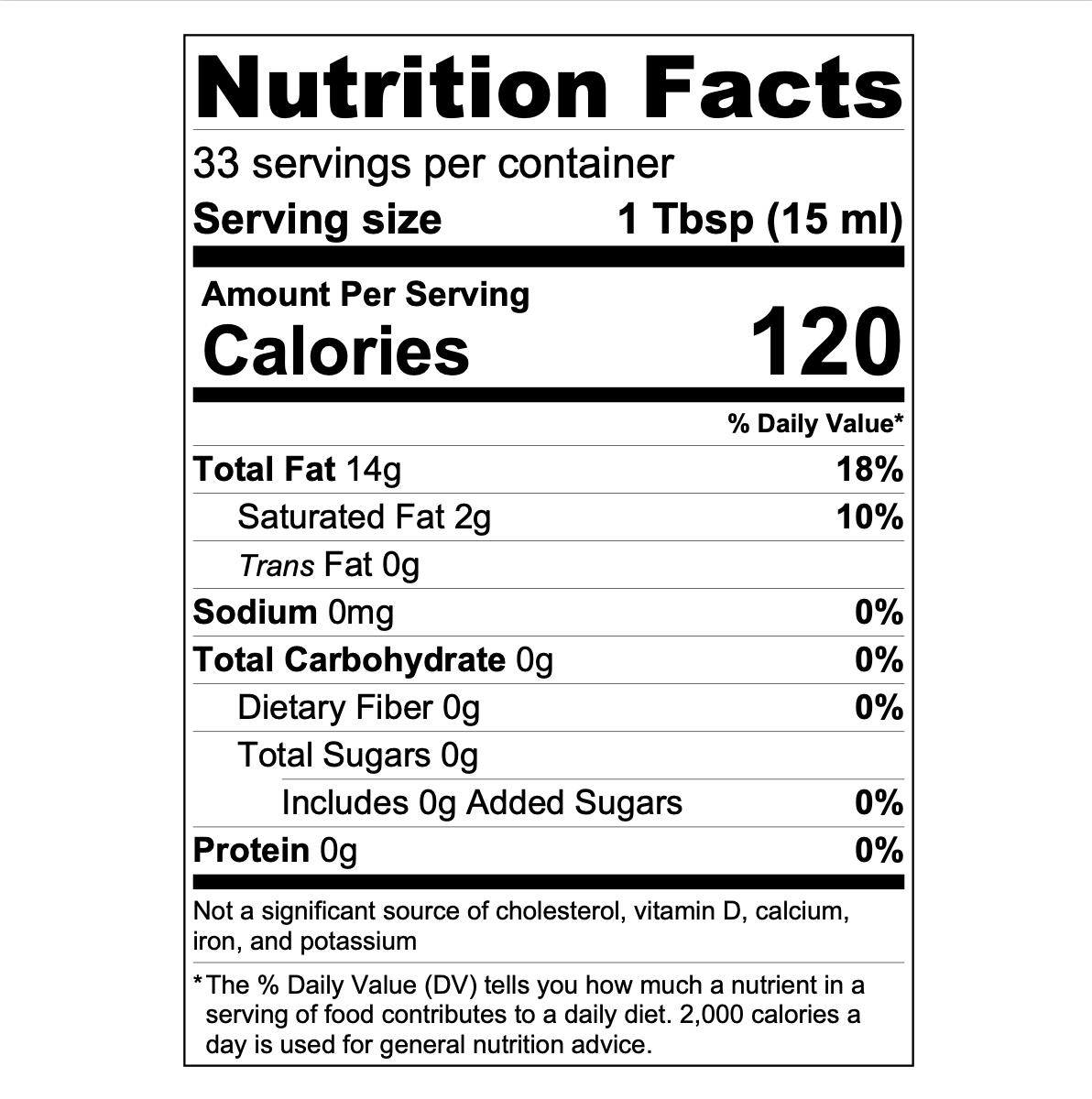 Nutrition Facts Panel for 500 ml bottle of EVOO showing 33 services at 120 calories per Tbsp