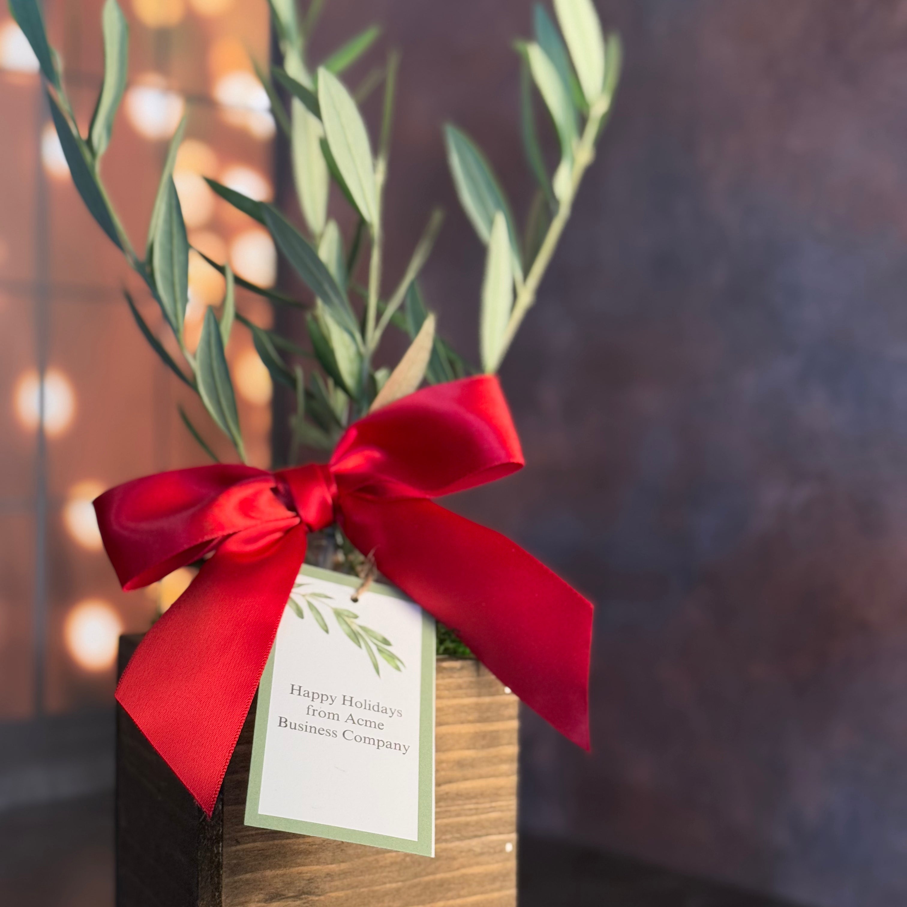 A healthy live olive tree in shown in a rustic wooden cachepot, red satin bow, and gift tag that says, "Happy Holidays from Acme Business Company" implying that these little trees make good business gifts.