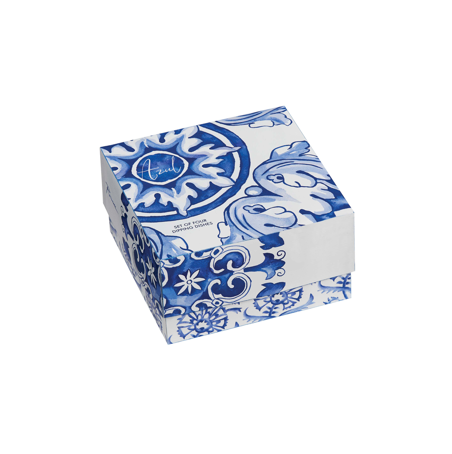 A tidy square gift box, comprised with a bottom finished with partially telescoping lid, is decorated with a compilation of all four designs that are found as artful details on dipping dishes inside. The gift box is on a blank background for clarity.