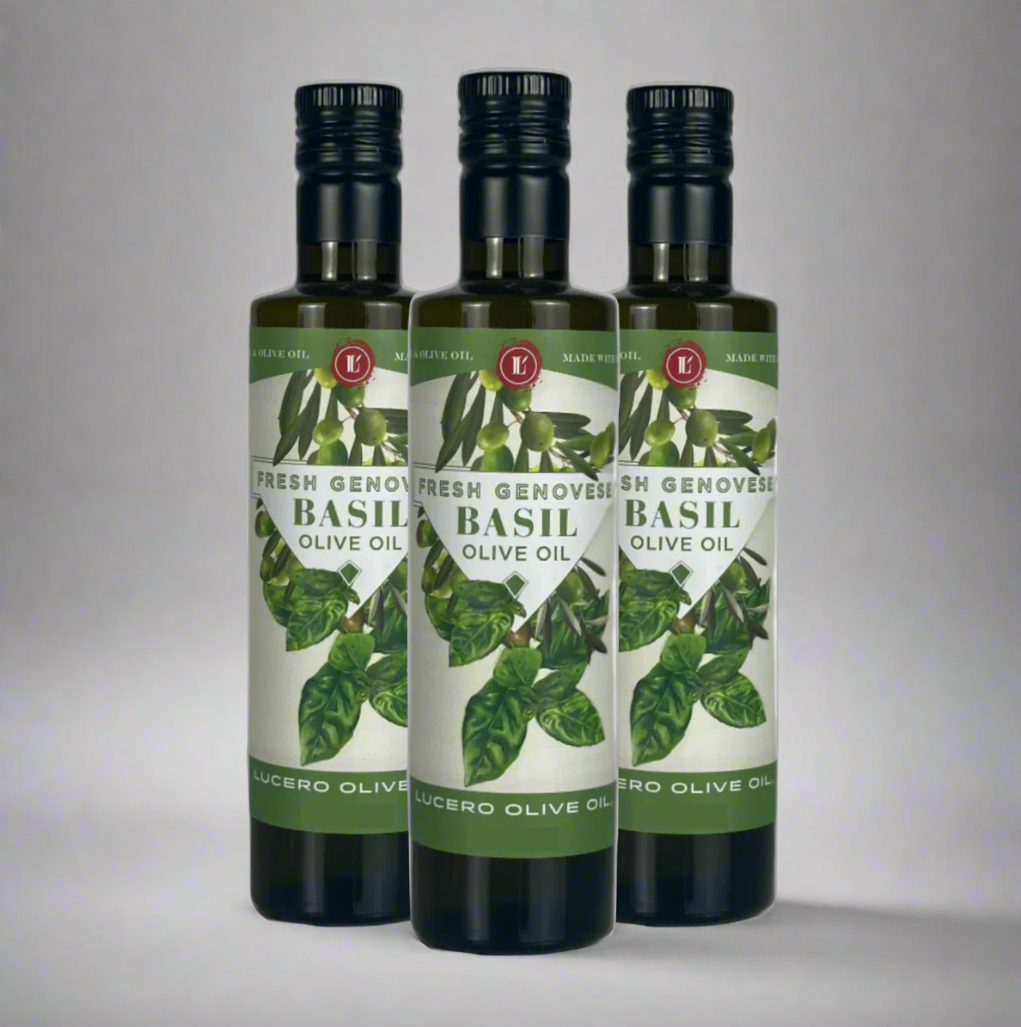 Three bottles of Lucero Basil Olive Oil are shown on a plain background