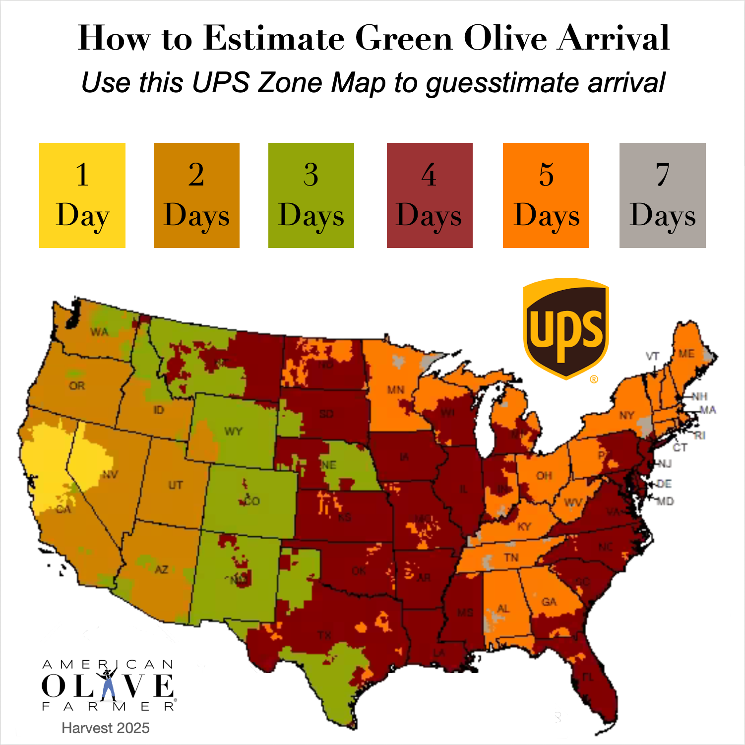 UPS Zone Map shows estimated transit days for 48 US states for fresh olives shipped from American Olive Farmer in Corning California via UPS Ground