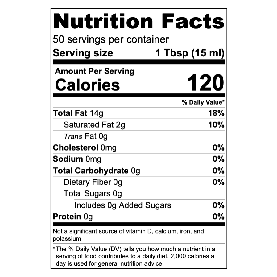 This is the nutrition facts panel for 750 ml size bottle, which has 50 x 1 Tbsp servings of olive oil.