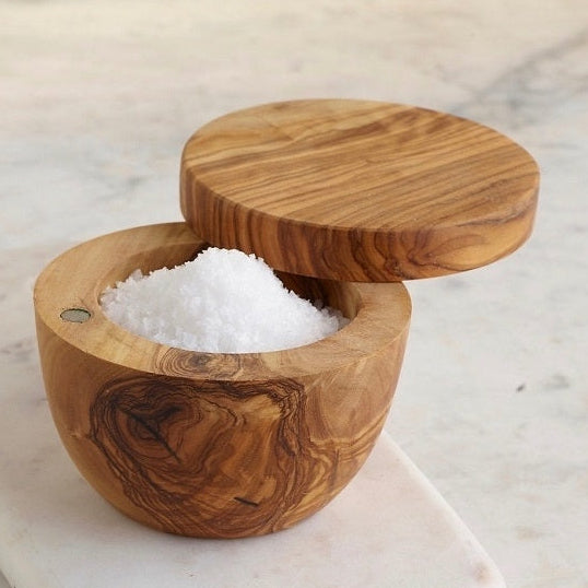 Beautiful modern olivewood salt cellar with hinged lid for easy access.