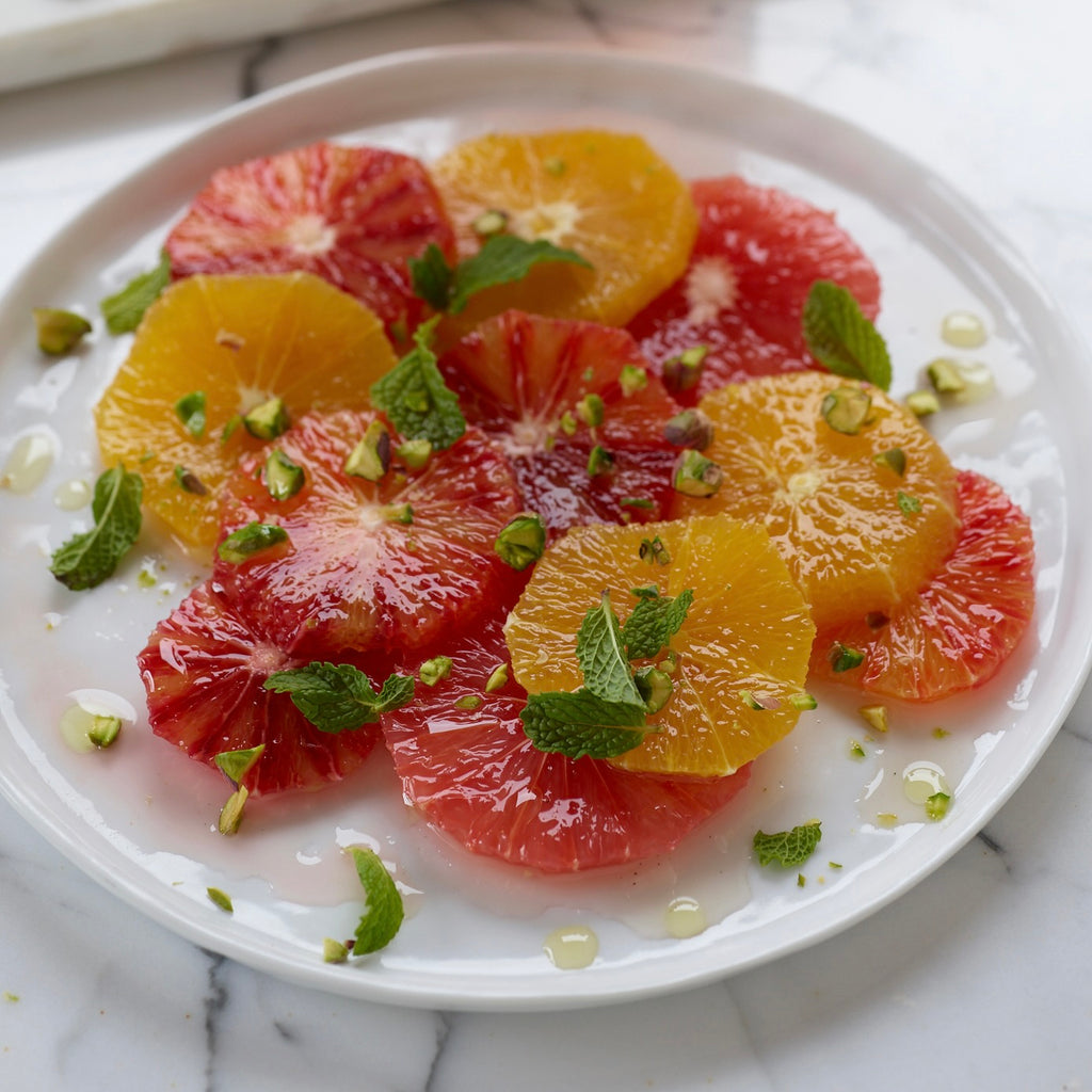 Rounds of two types of oranges are arranged on a flat round plate sprinkled with tiny mint leaves and dots of oil and vinegar.