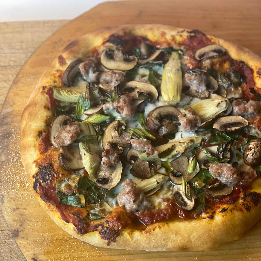 Sweet Italian Sausage Pizza with Artichoke Hearts and Mushrooms