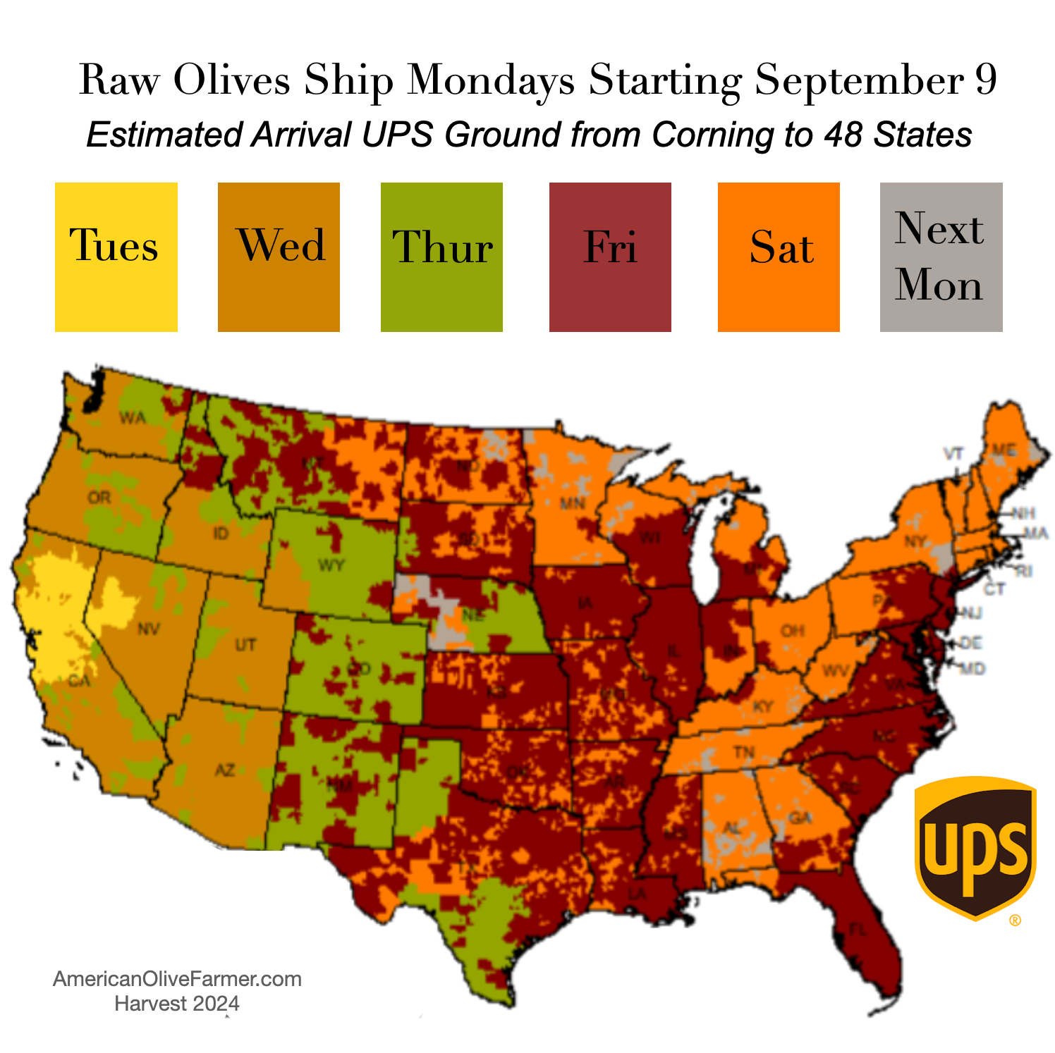 This is the official April 2024 UPS zone map for ground shipping times from Corning CA