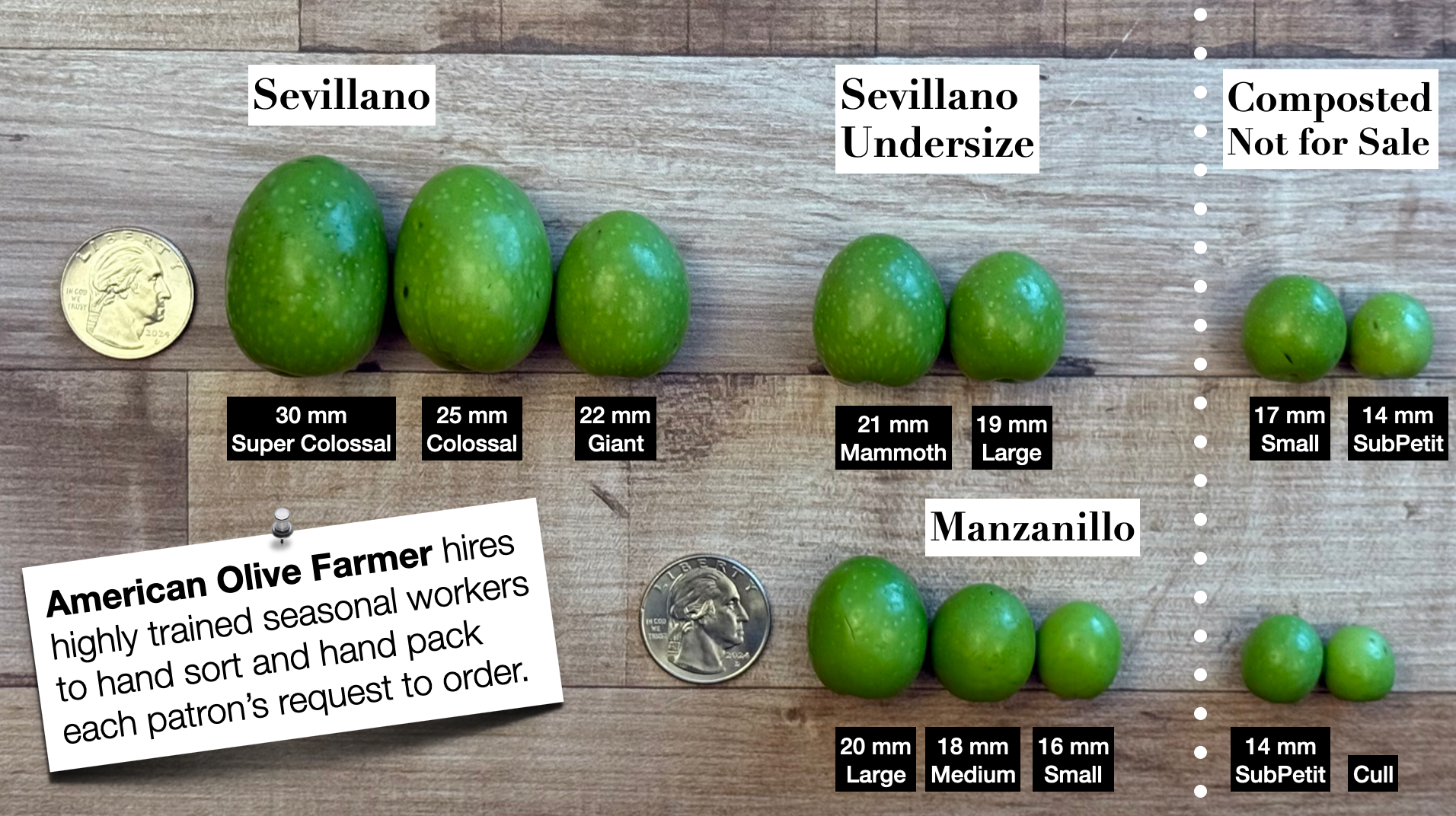 Comparison chart of different types of olives with labels and measurements on a wooden surface.