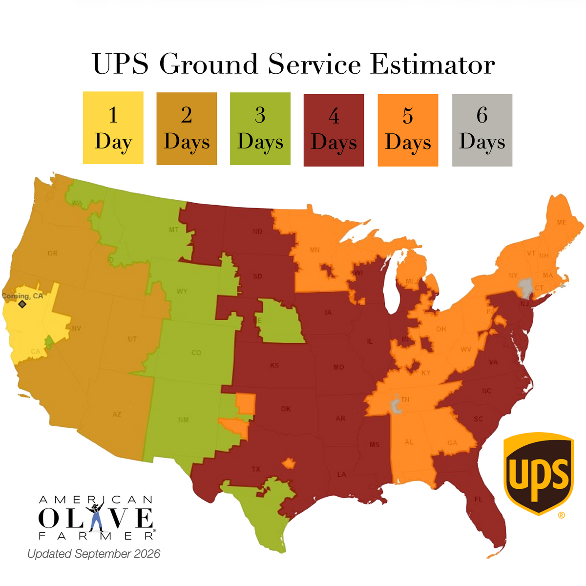 A map of the United States labeled 'UPS Ground Service Estimator' with color-coded regions indicating delivery time zones from 1 Day to 6 Days. The UPS logo appears in the bottom right corner, and the American Olive Farmer logo appears in the bottom left.