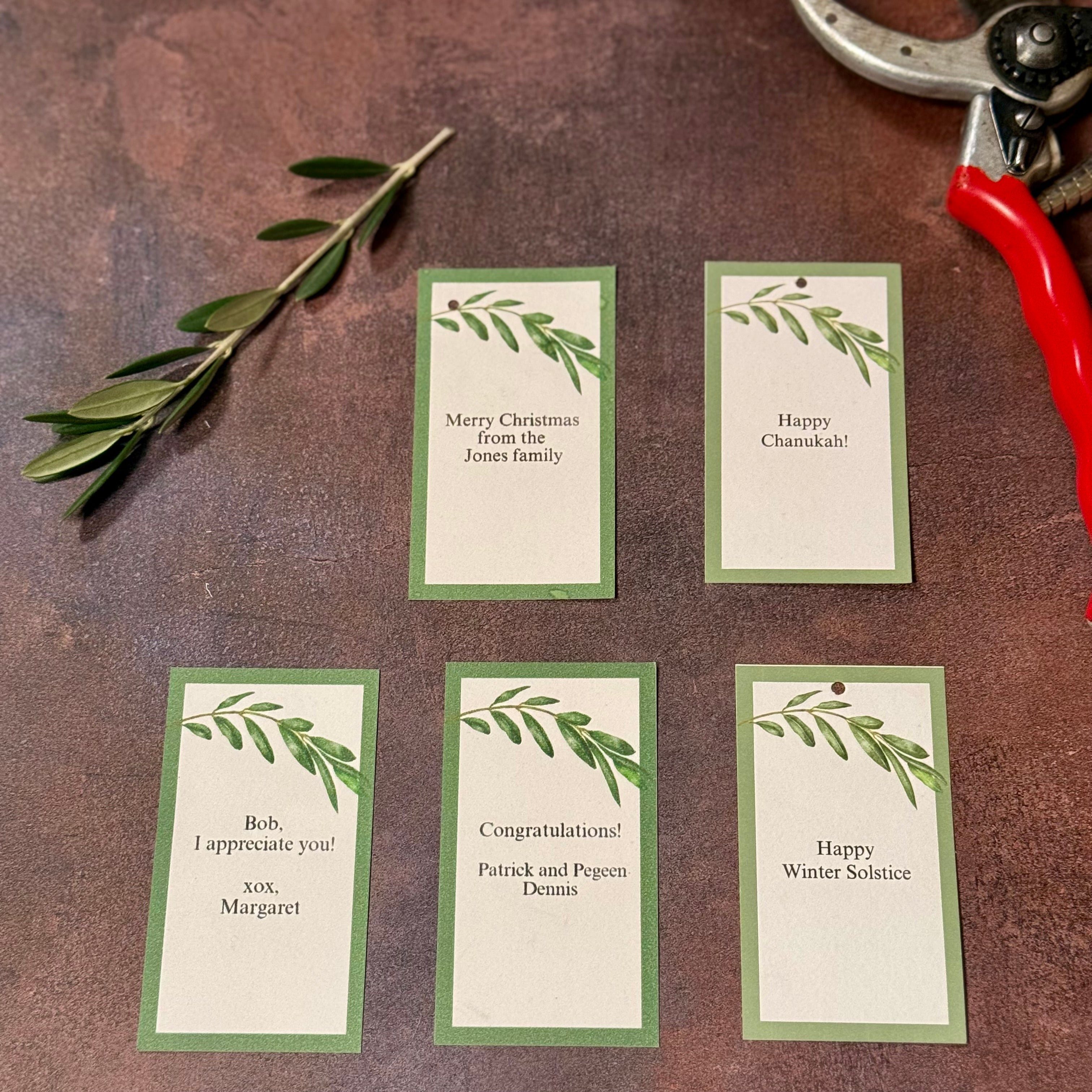 Custom gift tag examples are shown, including sentiments for Christmas, Chanukah, and Winter Solstice. Examples of appreciation and congratulations are also depicted.