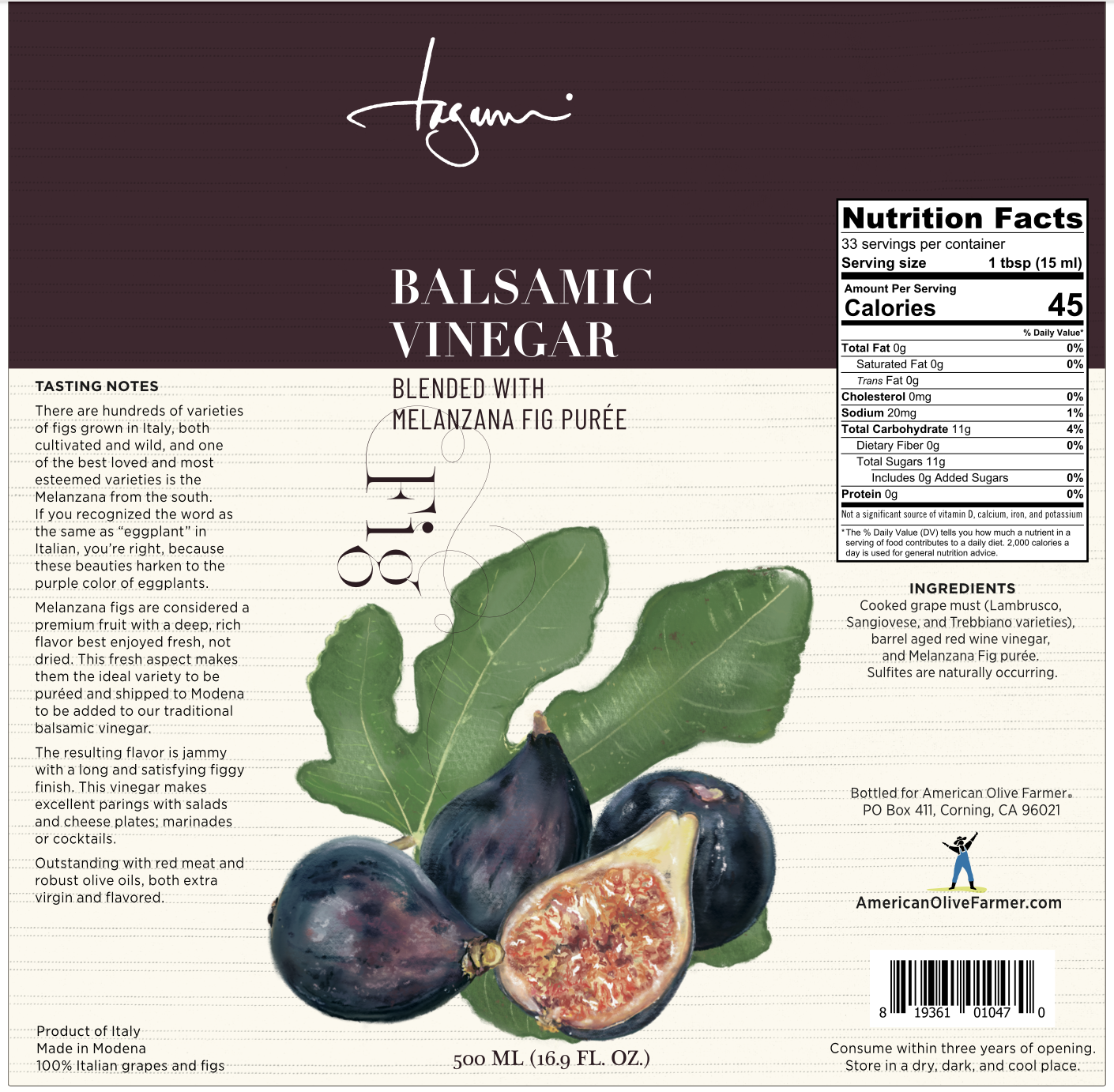 This is a close up of the full artwork for the new 500 ml size of the Melanzana Fig Vinegar