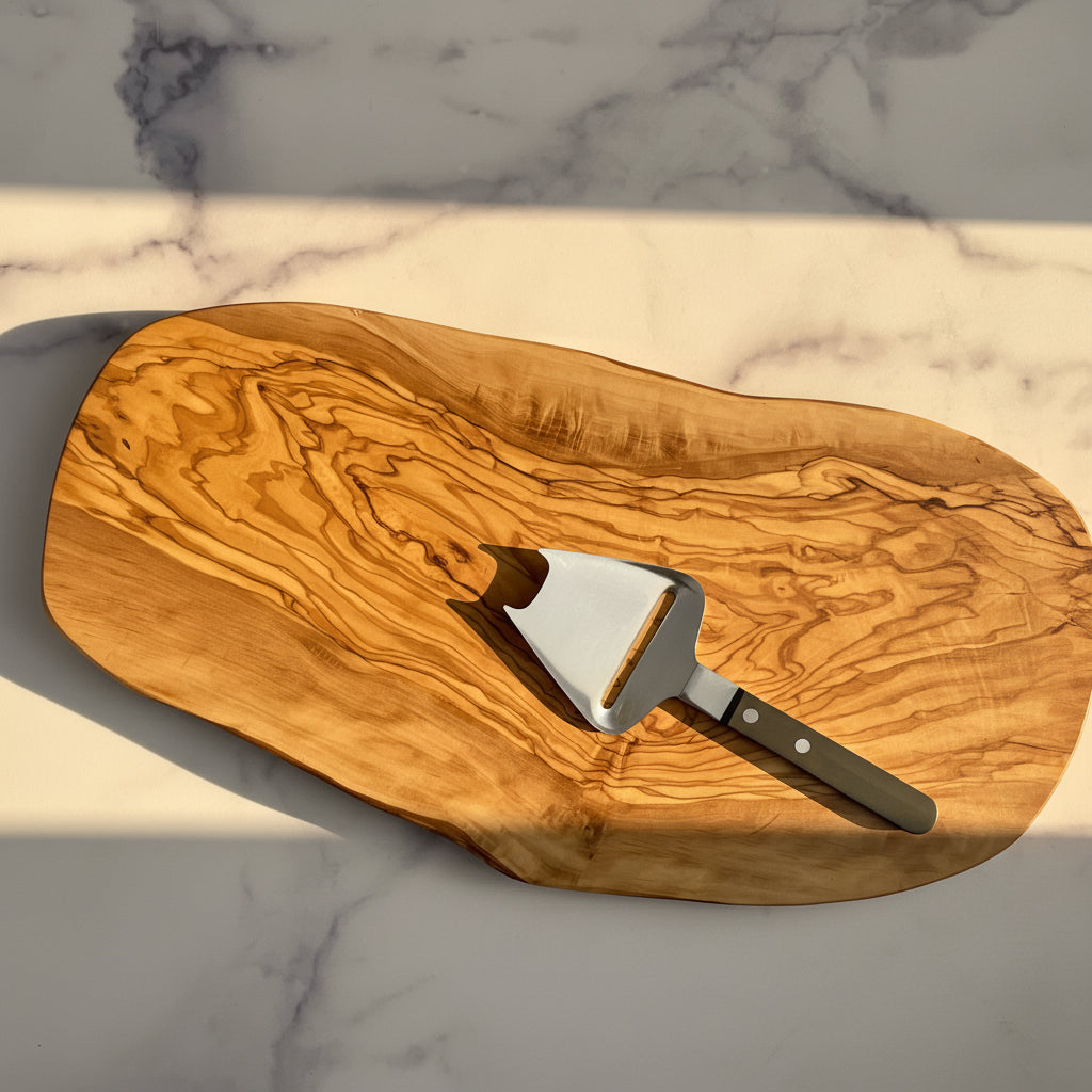 Handsome medium sized olivewood board shown with a German cheese slicer for scale. Cheese slicer is a prop and not included for sale.