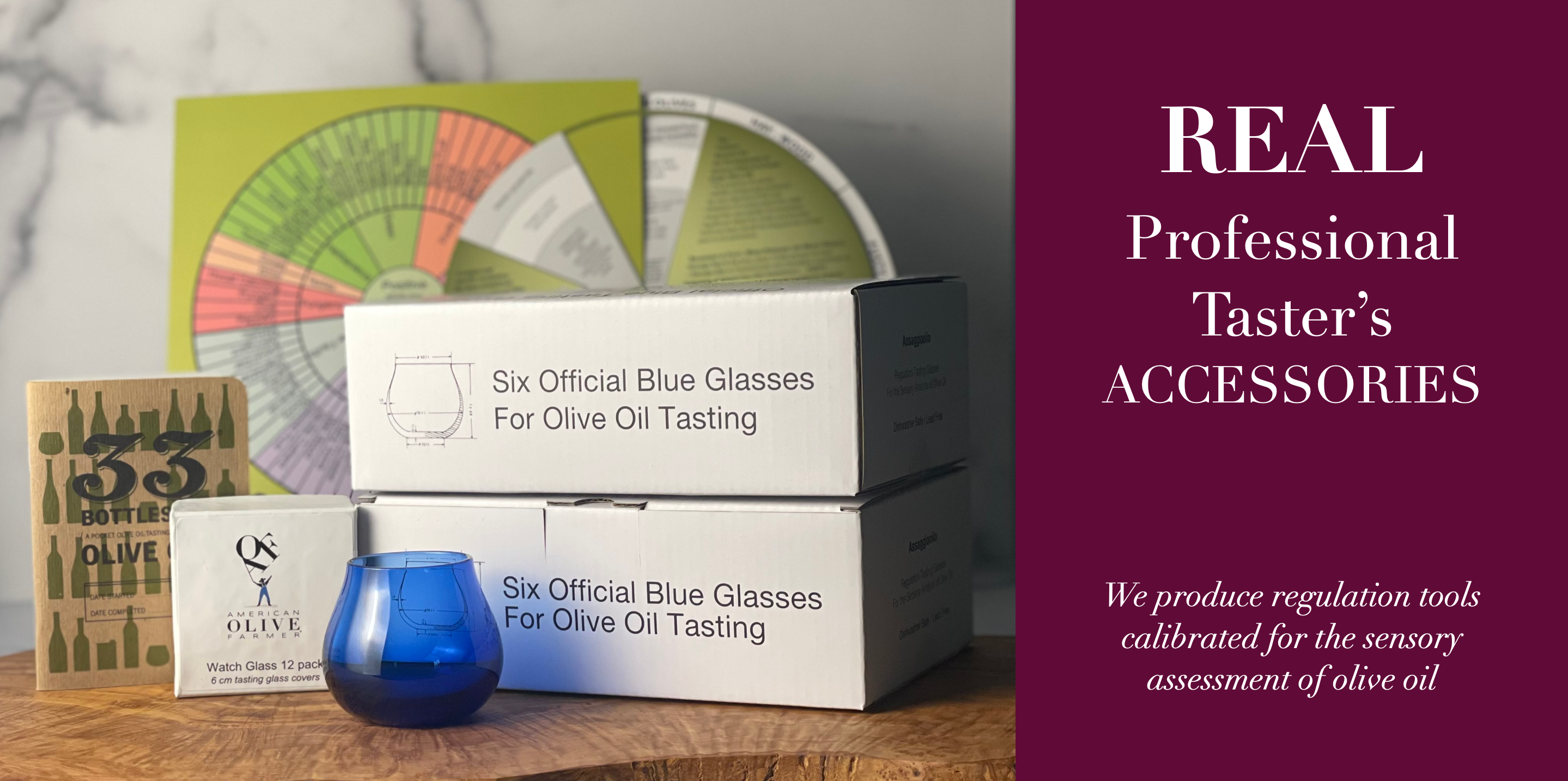 Official Blue Tasting Glasses, Watch Glass, Tasting Wheels and more are shown.