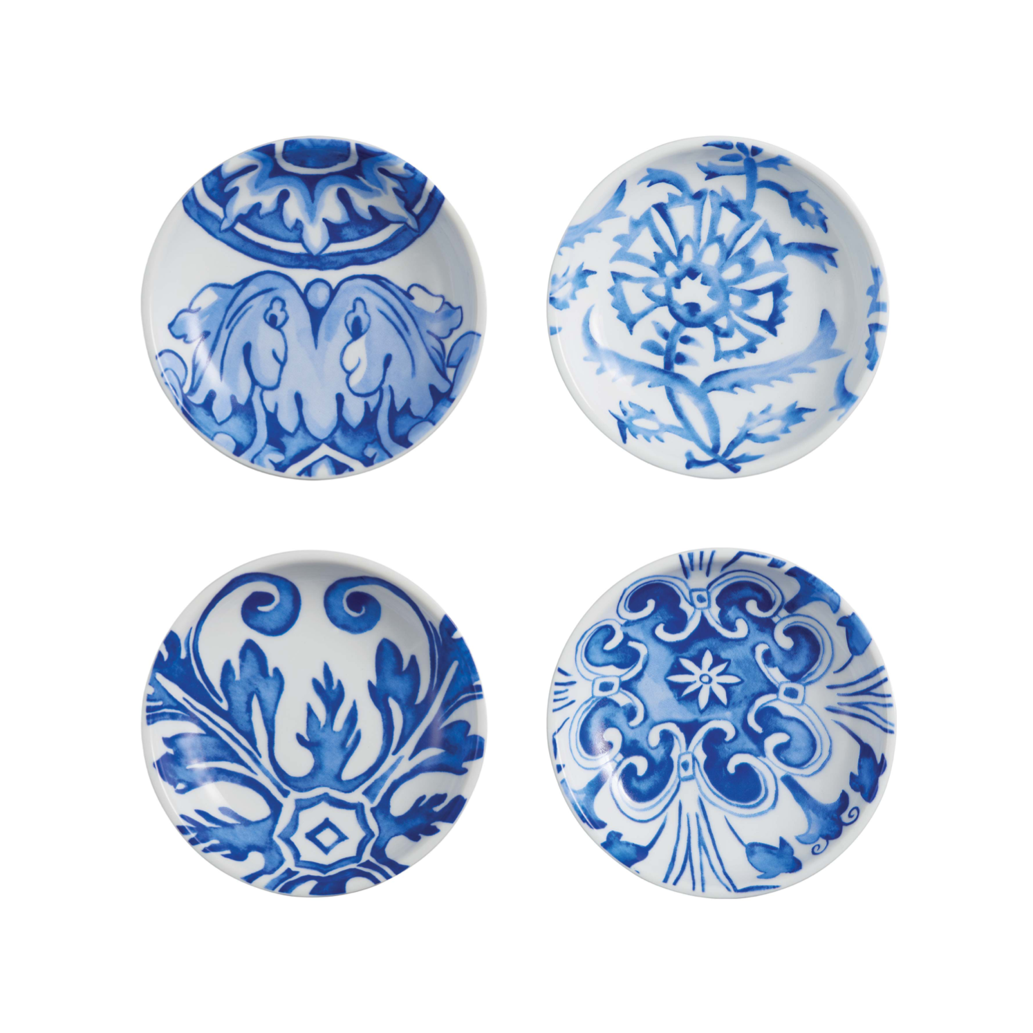 Four assorted dipping dishes are shown directly from the top, two above and two below, so the viewer can see each Portuguese-inspired design clearly. 