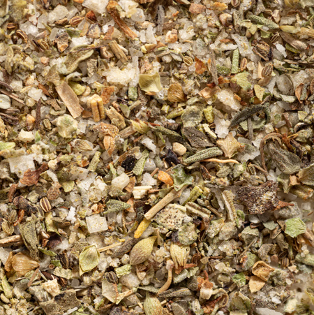 Close up image of Jacobsen Seasoning Blend. The individual herbs and spices are abundant and diverse in color and texture