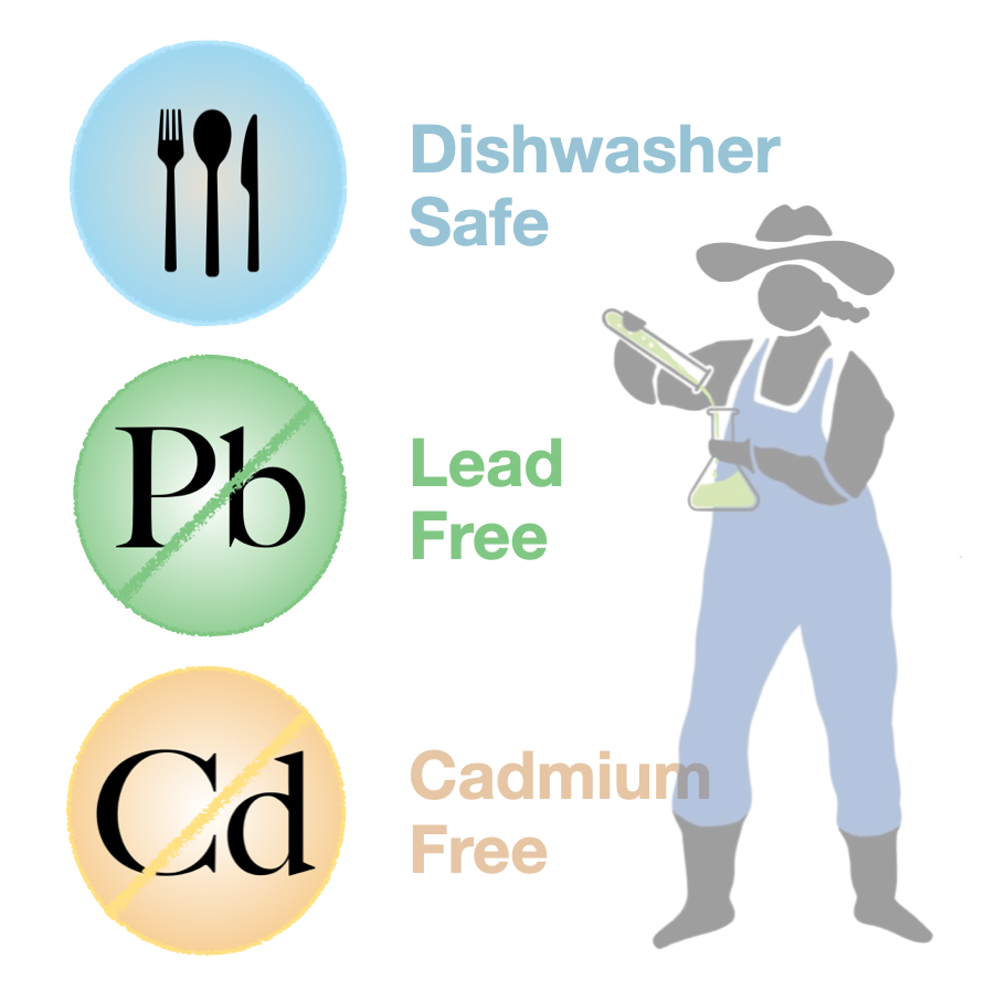 This is a graphic illustration showing three circles which represent 1. dishwasher safe, 2. lead free, 3 cadmium free. there is large watermark AOF logo farmer holding a test tube and beaker to the right indicating we test our wares.