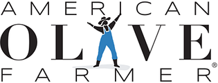 This is the stacked version of the American Olive Farmer Logo with the figure of a farmer representing the letter "I" in "Olive"