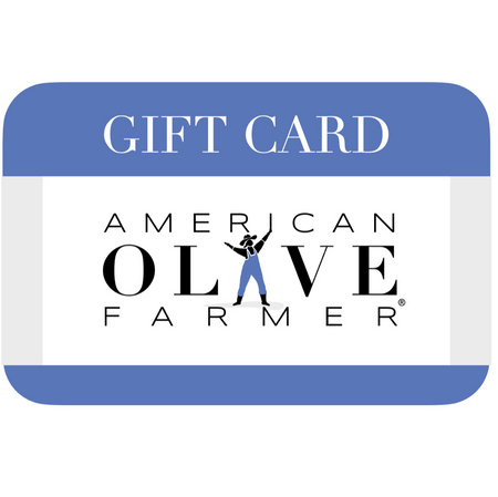A graphic representation of a card, shaped like a bank card. The top reads GIFT CARD and the American Olive Farmer logo is on it.