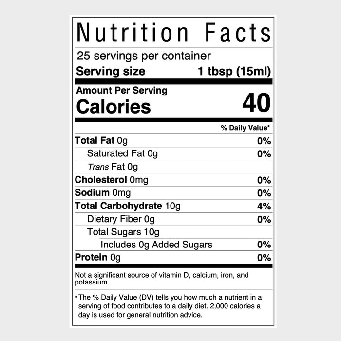 This is the Rosato Nutrition Facts panel showing only 40 calories per serving and 25 servings of 1 tbsp (15ml) in each bottle.