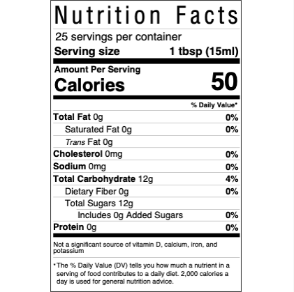 Here is our nutrition facts panel for the 375 ml traditional balsamic vinegar. It shows that there are 25 servings per container at 50 calories per serving, and all of the other regulatory information is included.