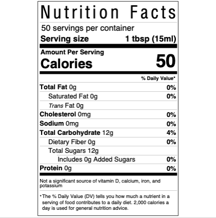 This is the nutrition facts panel showing 50 servings per container and 50 calories per serving along with the other regulatory information.