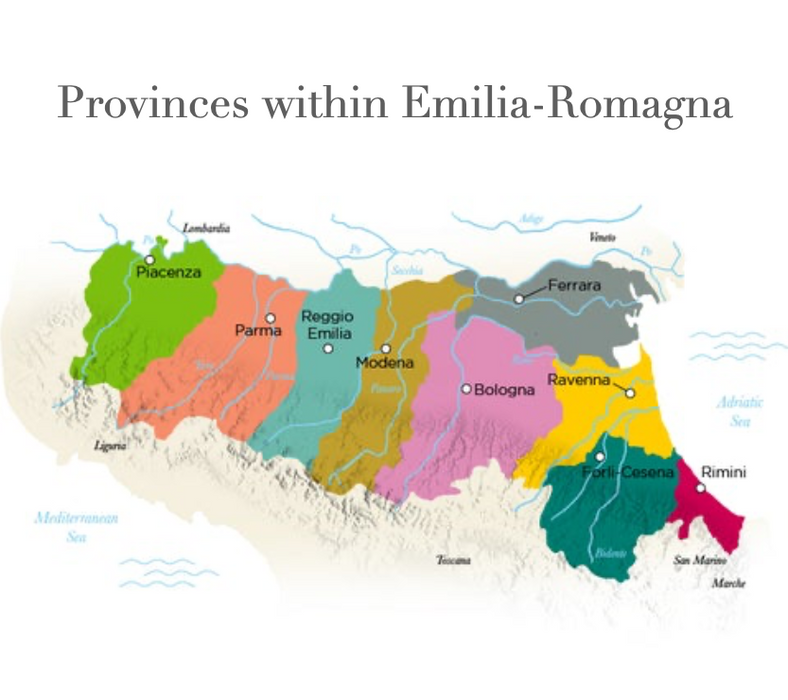 A topographical map showing the Emilia-Romagna provinces, including the shared border between Modena and Ferrara.  The Apennine mountain range to the southwest shows rivers flowing into the Adriatic Sea to the northeast, rivers which feed this rich agricultural center.