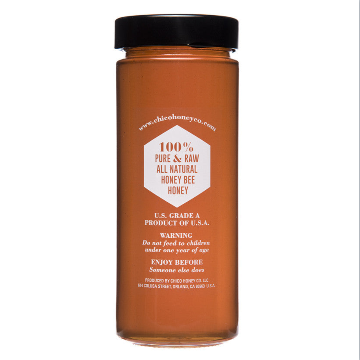 This is a tall jar of honey showing the back label indicating it is 100% pure and raw all natural honey bee honey.