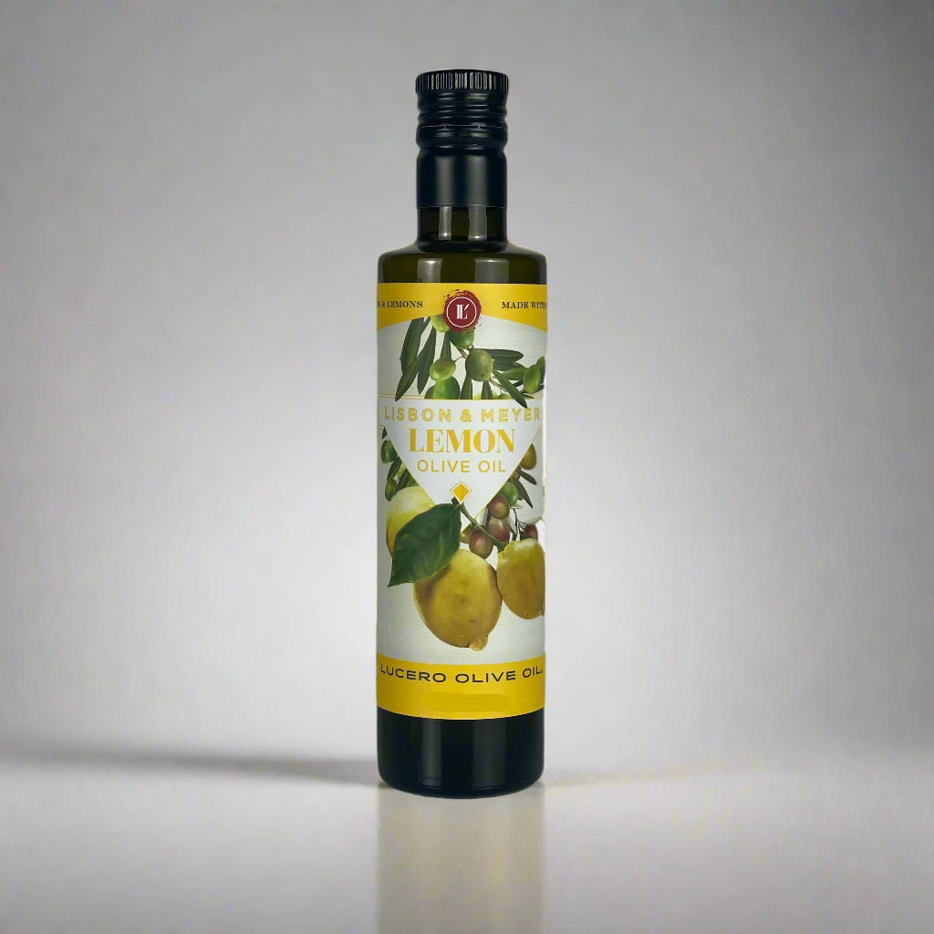 A bottle of Lucero Lemon Olive Oil on an kitchen counter