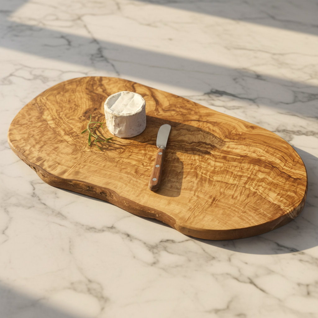 17.5" olivewood board is shown with a small round brie and rosewood handled spreader.