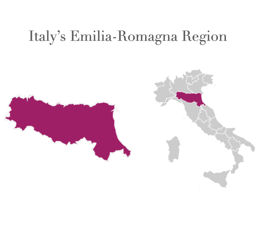 A simple two-color illustration showing the the location of Italy's Emilia-Romagna Region situated in the north of the country.