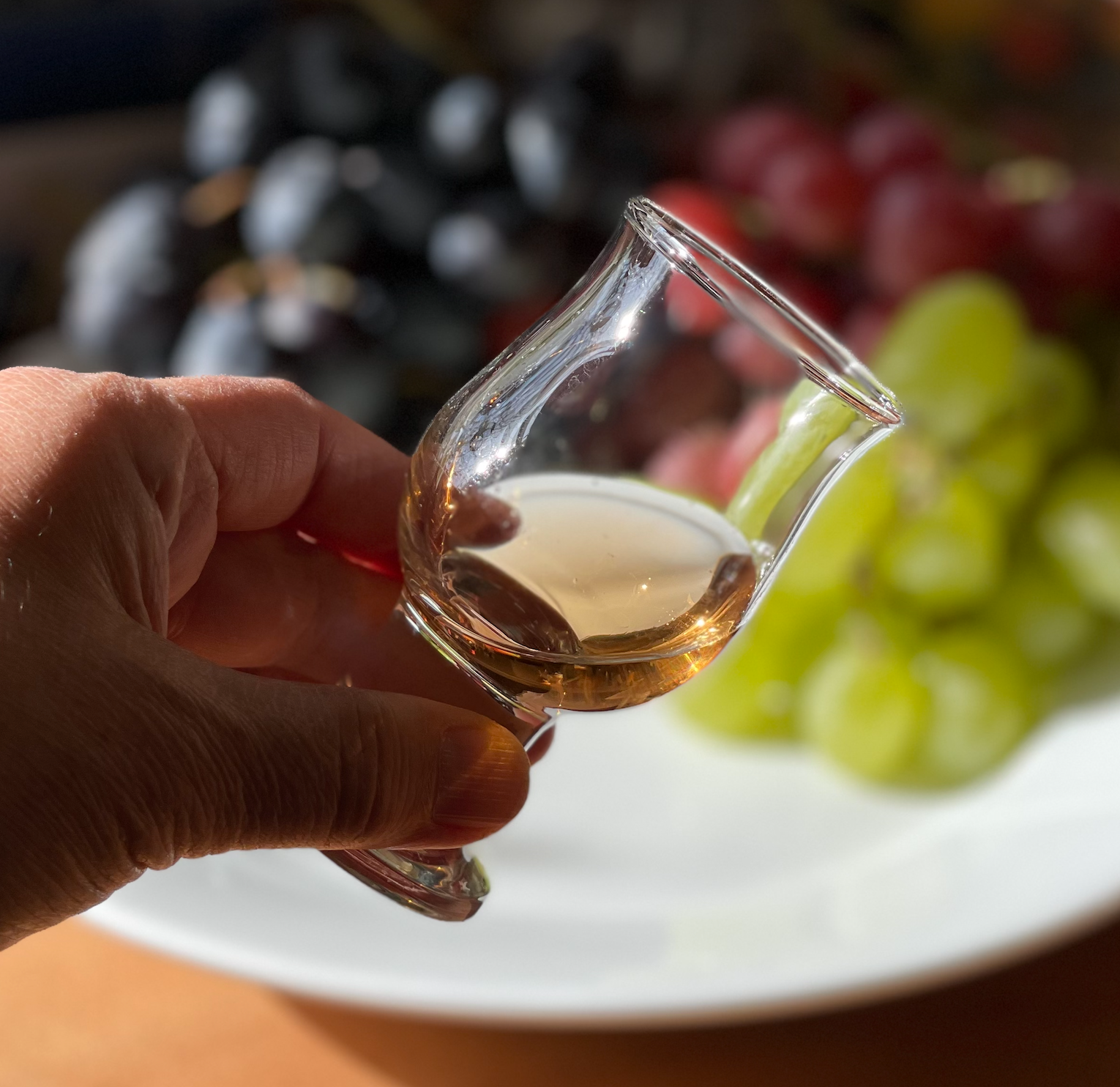 This image depicts the way Liz Tagami assesses color, aroma, and flavor for vinegar. She uses the same official tasting glasses that the Consorzio use in Modena.