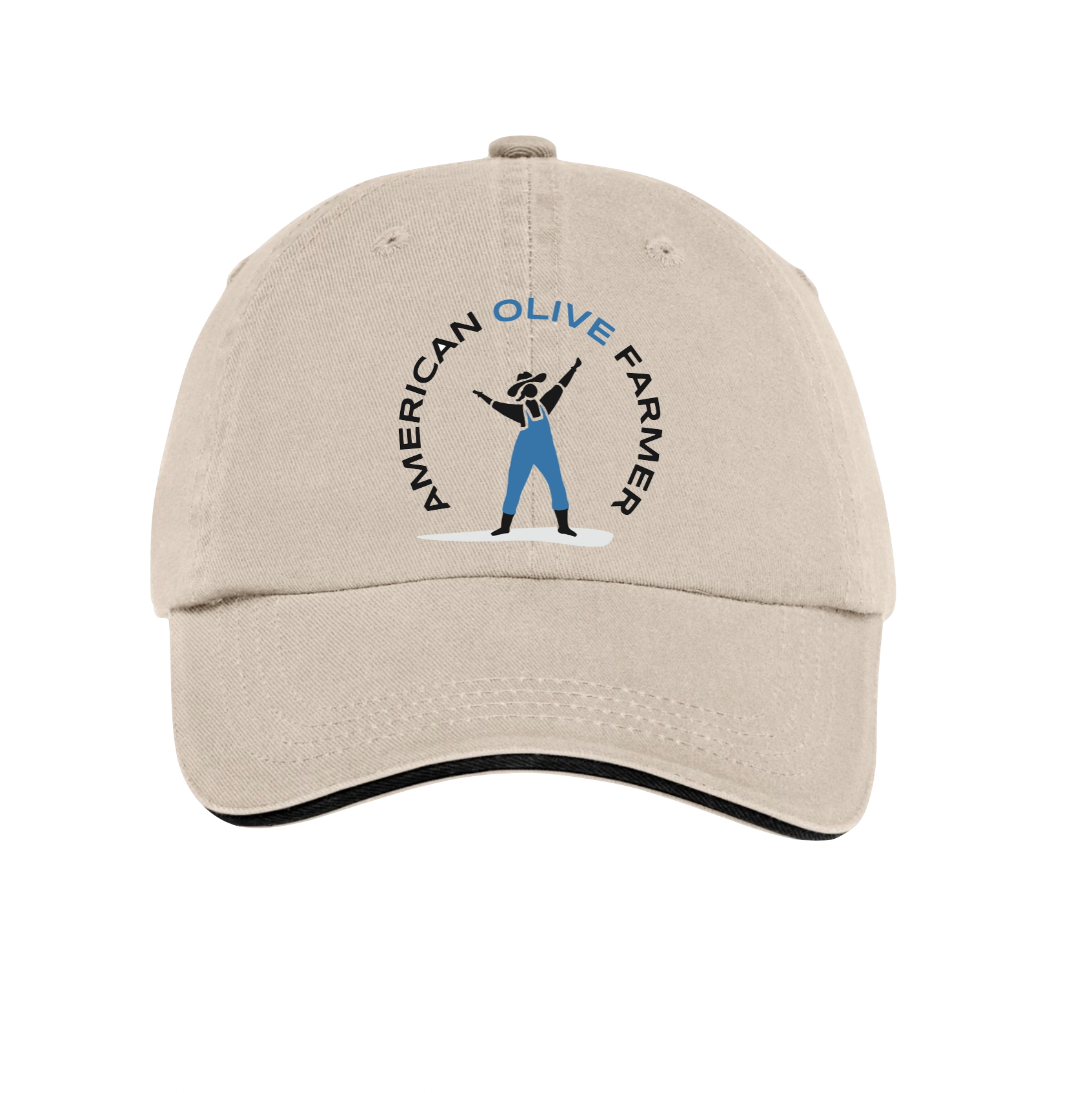 View of a light colored twill cap facing forward with a mock up of the American Olive Farmer logo, a woman in blue overalls reaching for the sky.