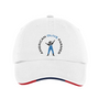 image of the white hat facing front so that you can see red, blue, then red sandwiched in the bill. The American Olive Farmer logo is embroidered in front.