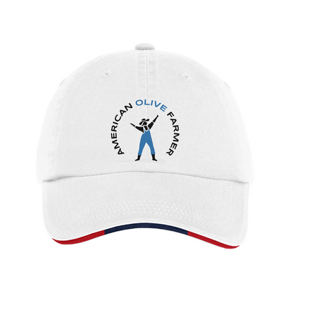 image of the white hat facing front so that you can see red, blue, then red sandwiched in the bill. The American Olive Farmer logo is embroidered in front.