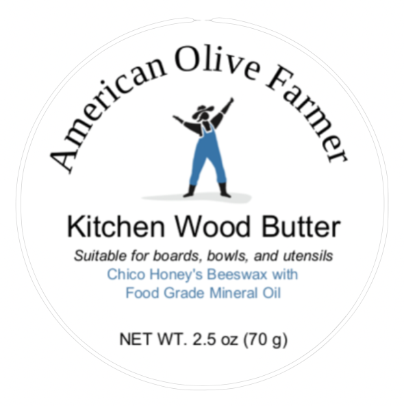 An image of the front label showing the American Olive Farmer logo and indicating Kitchen Wood Butter is suitable for boards, bowls, and utensils. 