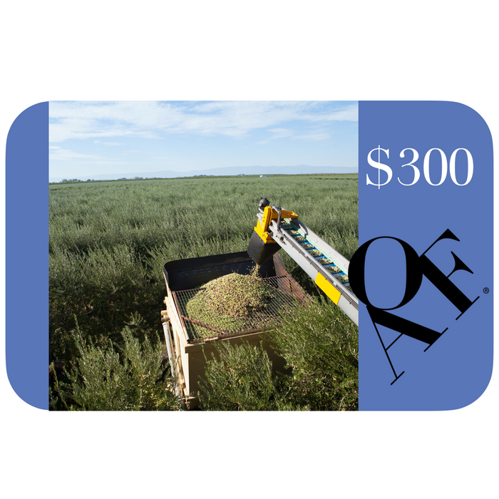 The highest value card is this $300 card showing 200 acres of olive trees with a harvester driving over collecting olives.