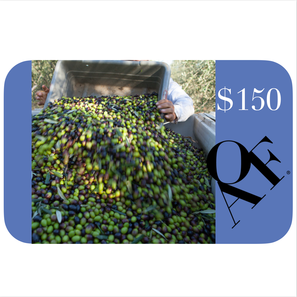 The $150 card continues the theme, this one shows a worker emptying a box of olives into a giant half ton bin.