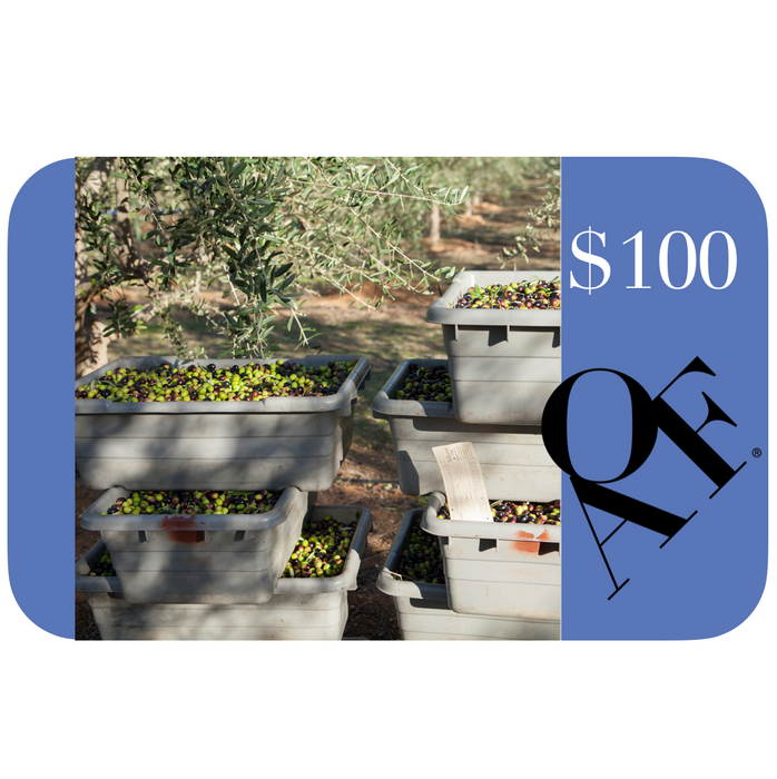 This $100 card looks similar with AOF below the value and stacks of bins full of olives.