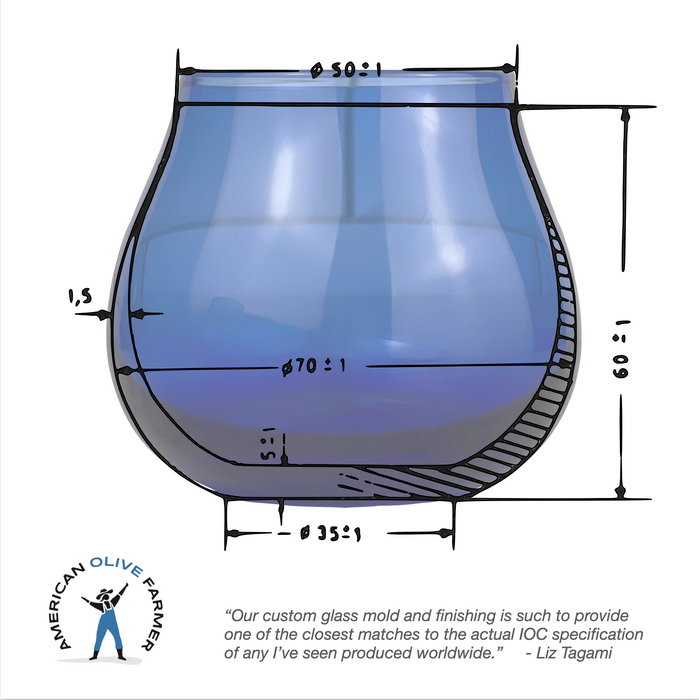The IOC technical drawing is superimposed on actual glass production to show how closely matched the tasting glass is to regulation parameters.