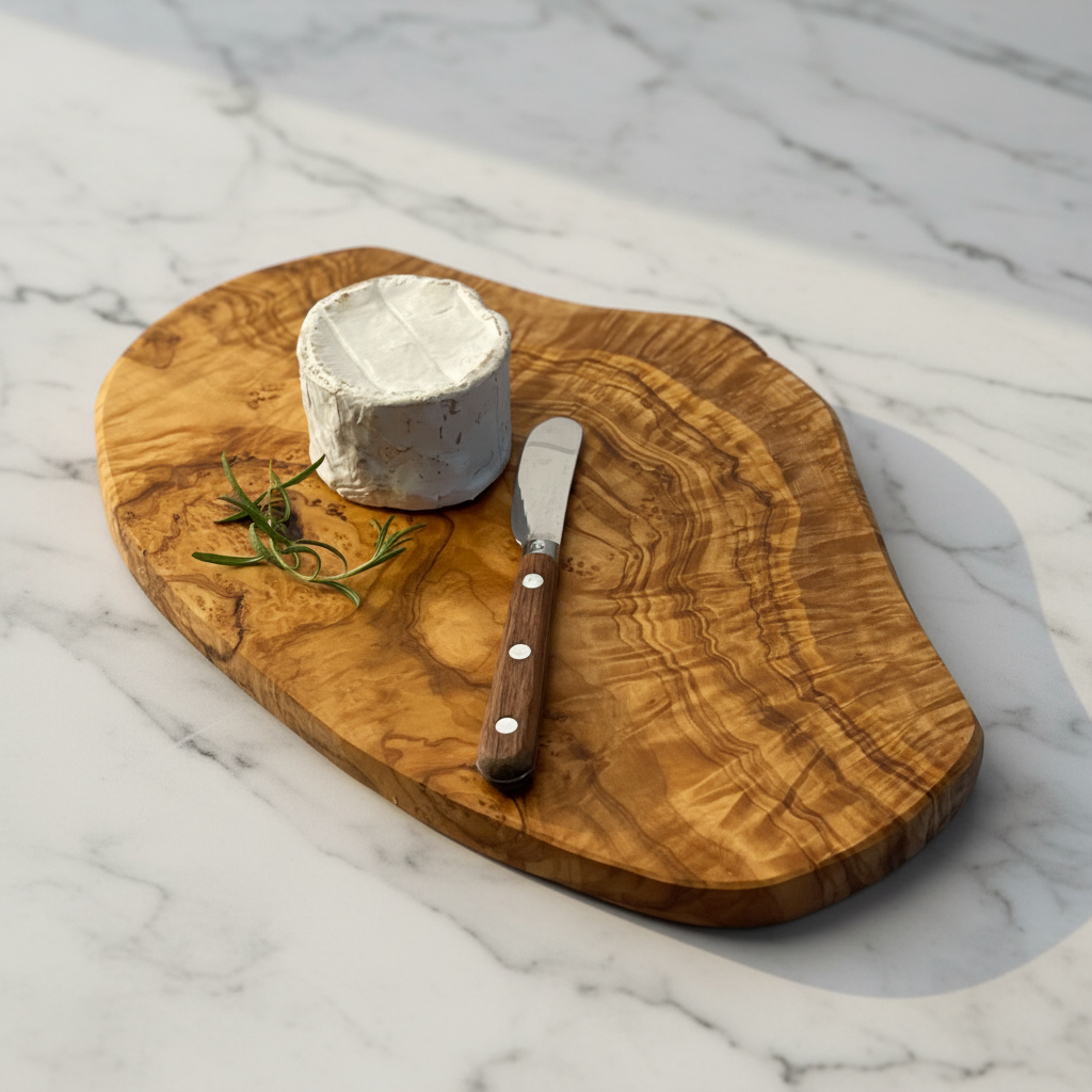Small 12" olivewood board is shown with a small round of brie and rosewood handled spreader.