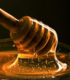 This is an artsy close up image of a large amount of honey on a honey dipper with light shining through to show the color and texture.